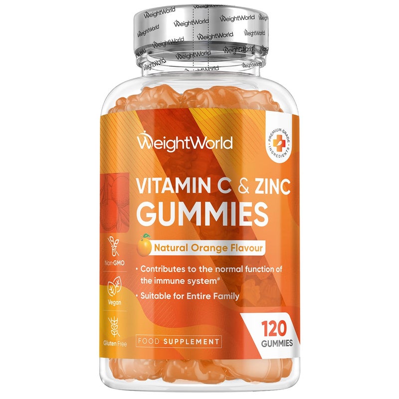 WeightWorld Vitamin C and Zinc Gummies - 120 Tasty Gummies - For Kids & Adults - Natural Orange Flavour - 2 per Day - Gluten-Free, Vegan-Friendly & Non-GMO - Bioavailable Forms (L-Ascorbic Acid & Zinc Citrate) - Image 1
